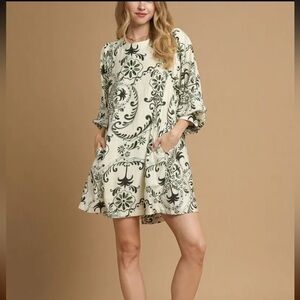 Umgee Cream and Green Patterned Mini Dress